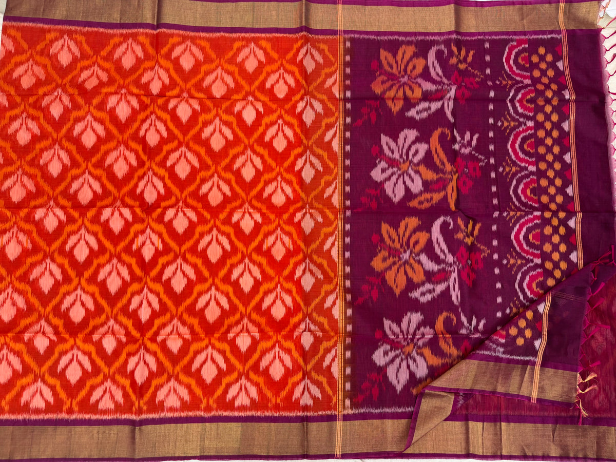 Orange with Magenta Pink Pochampally Ikkat Silk Cotton (SICO Pattu)