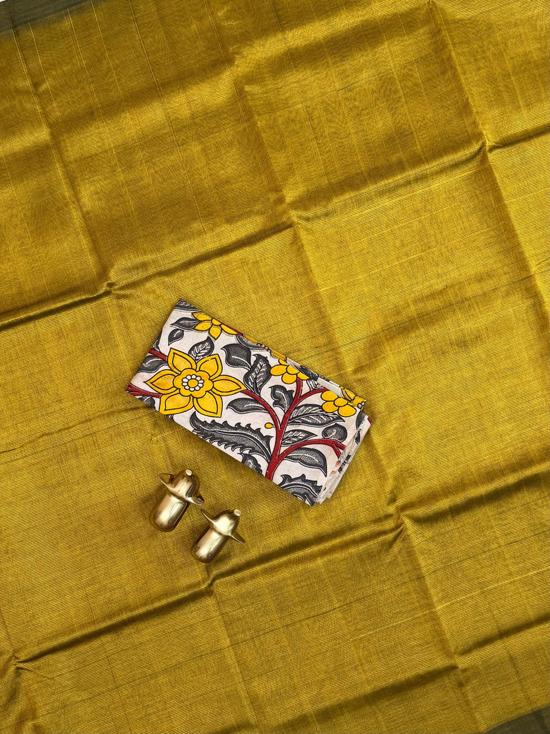 Handwoven Mangalagiri Plain Pattu Saree - Dual Shade Yellow with Black