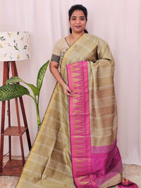 Semi Raw Silk Saree - Beige with Pink