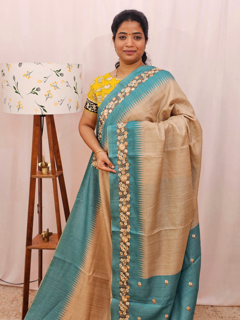 Premium Semi Tussar with  Heavy Floral Emboridery Saree - Blue