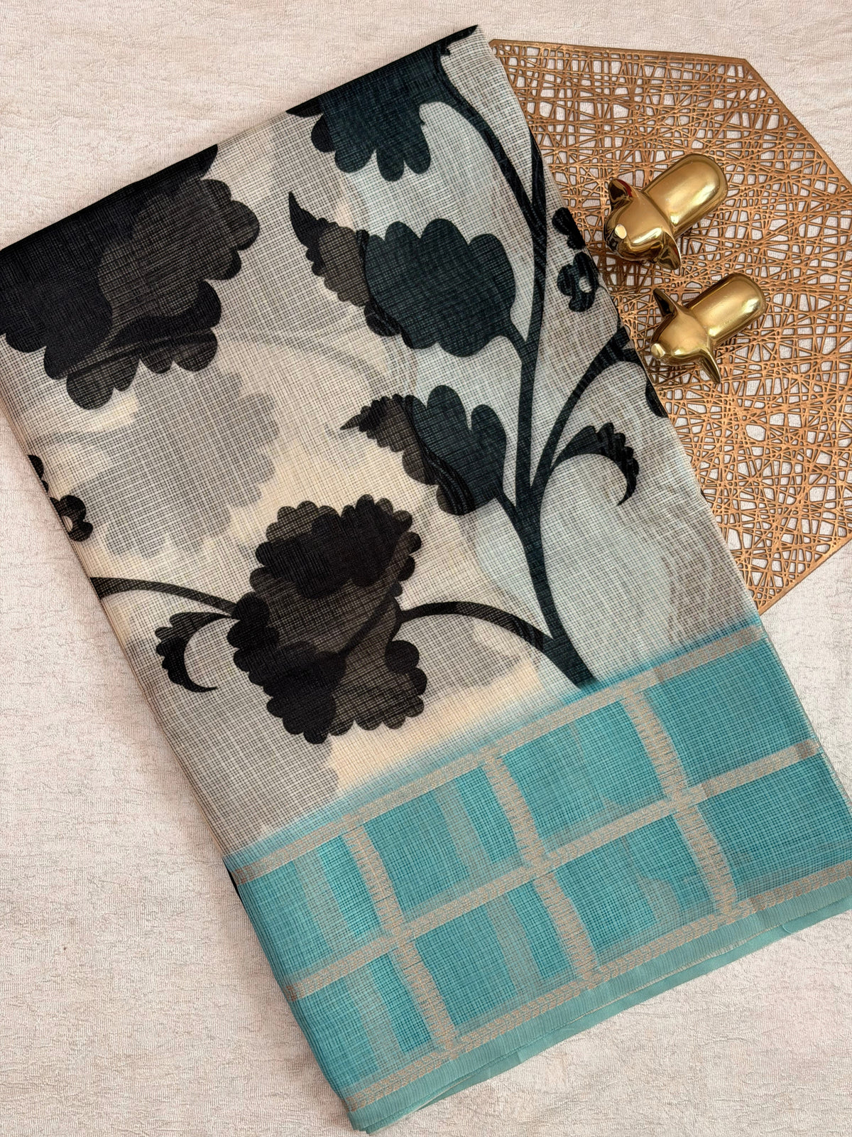 Premium Soft Semi Tussar Kota Weaving with Digital Prints - Cream with Blue