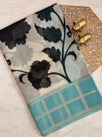 Premium Soft Semi Tussar Kota Weaving with Digital Prints - Cream with Blue