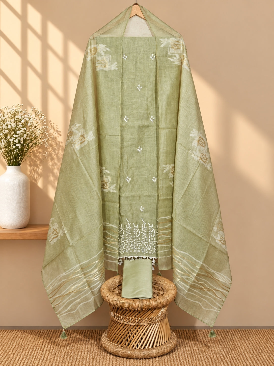 Premium Linen Tissue with Beads Work Unstitched Salwar - Green