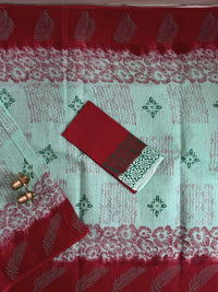 Pure Cotton with Checks Hand Block Prints - Pastel Sea Green with Red
