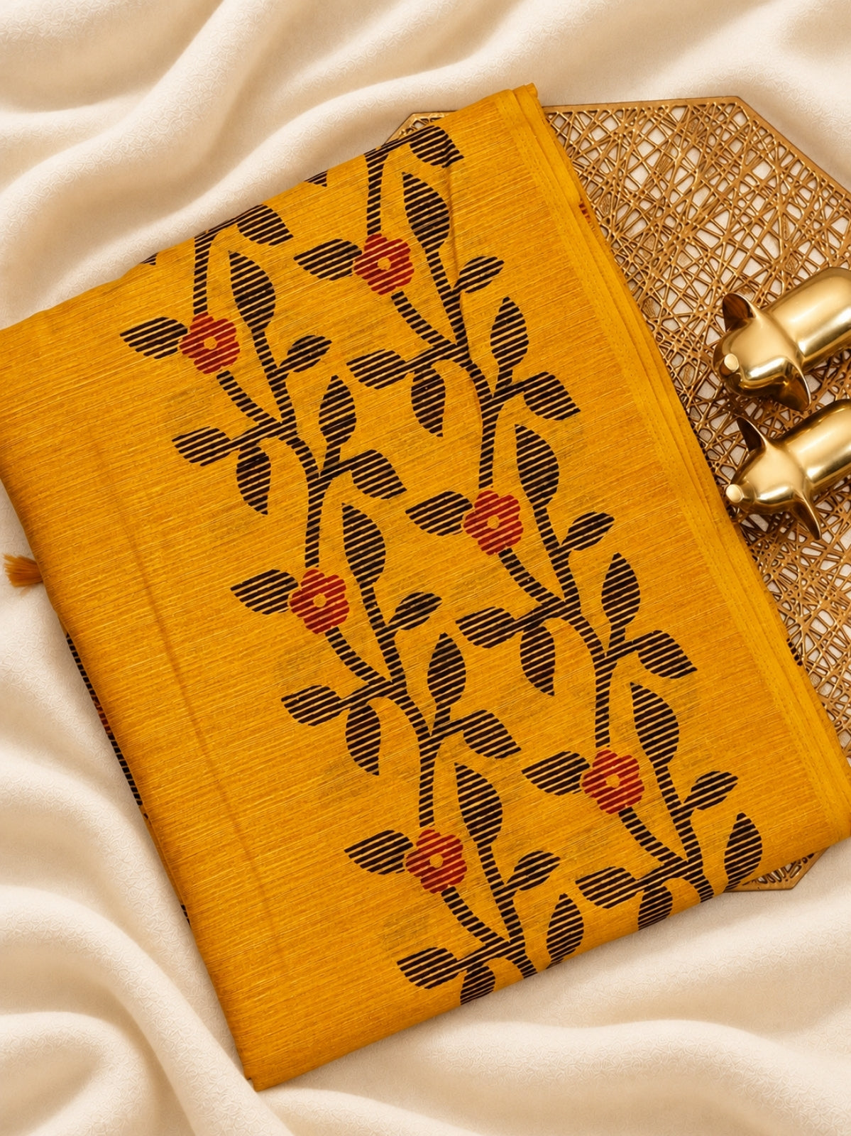 Casual Semi Tussar with Floral Border - Yellow