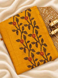 Casual Semi Tussar with Floral Border - Yellow