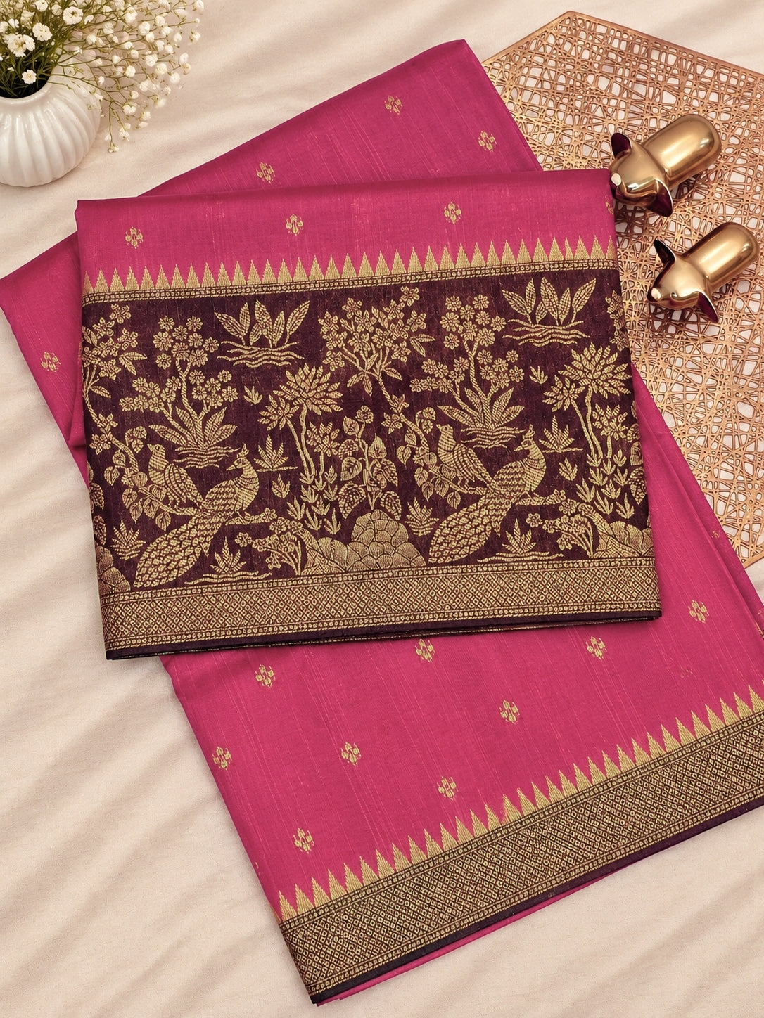 Jute Banarasi Silk Saree - Dark Onion Pink with Dark Brown