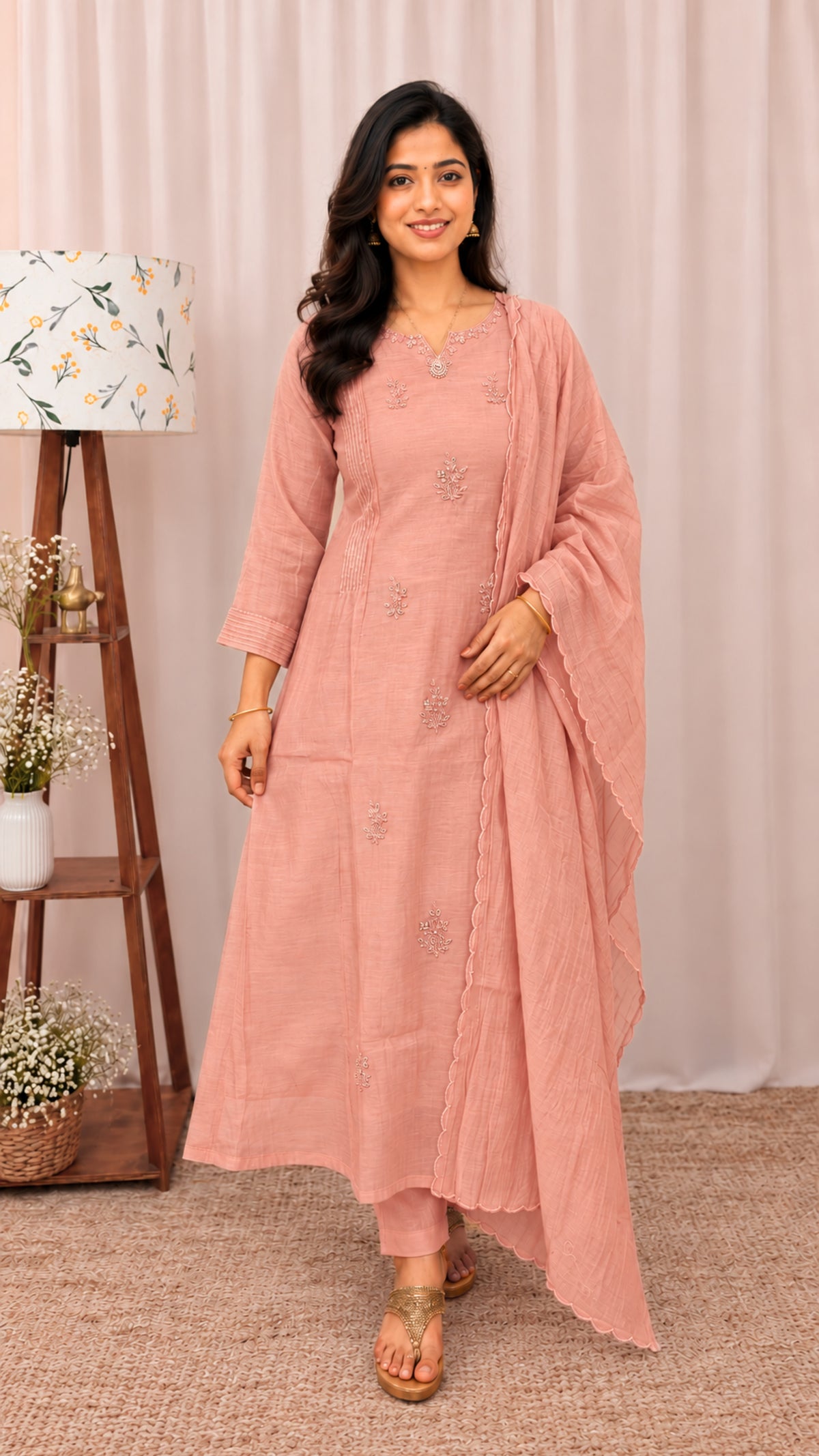 Premium Mul Chanderi 3 pcs Salwar Suit - Peach