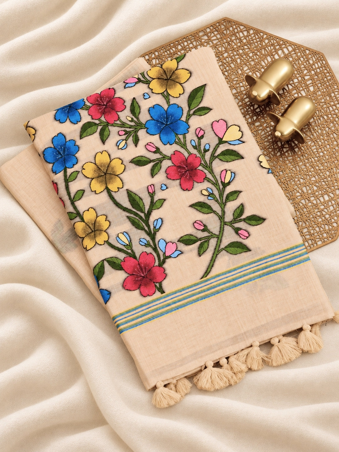 Soft Cotton with Weaving Floral Pattern  - Cream