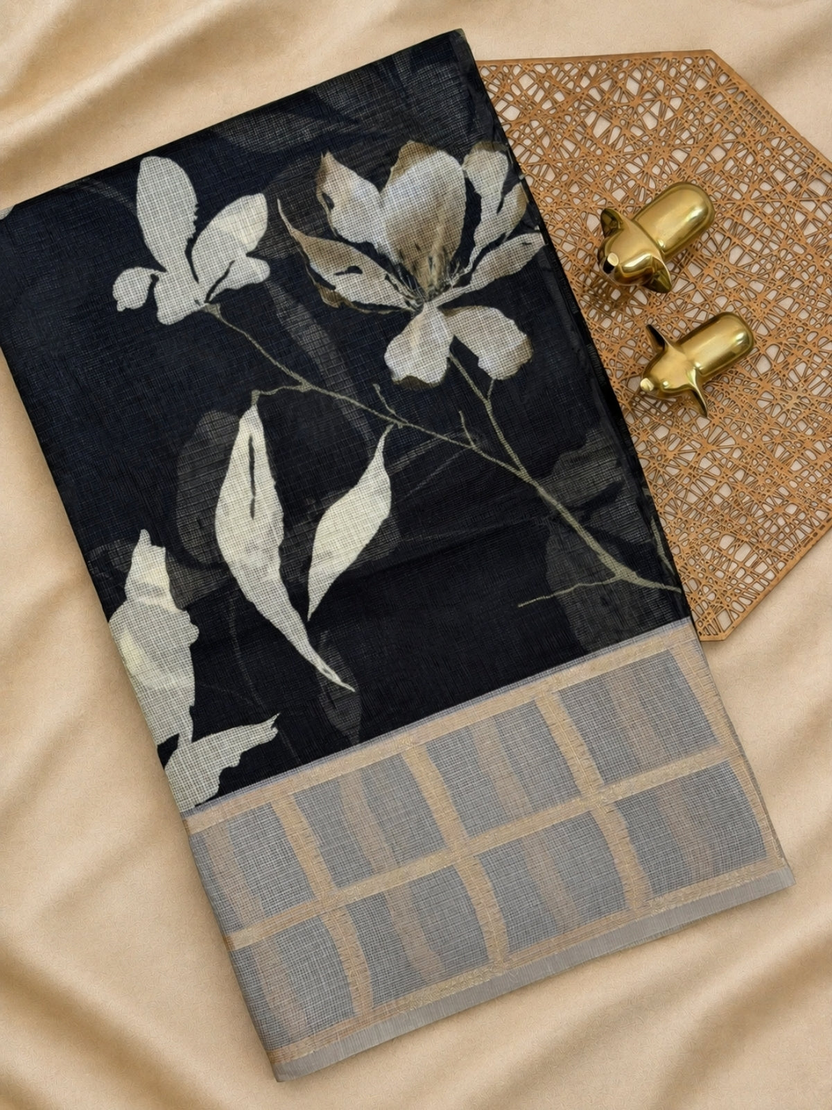 Premium Soft Semi Tussar Kota Weaving with Digital Prints - Black with Grey