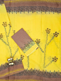 Pure Cotton with Hand Block Prints - Yellow with Brown