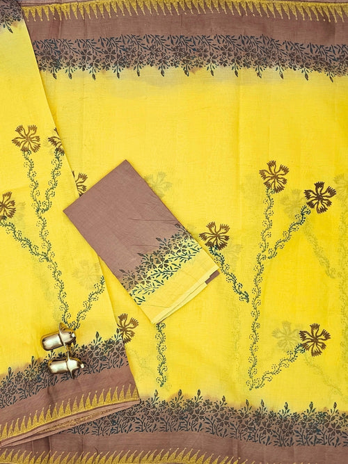 Pure Cotton with Hand Block Prints - Yellow with Brown