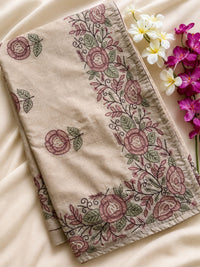 Premium Semi Tussar Zari Woven with Beautiful Emboridery Saree - Cream with Onion Pink