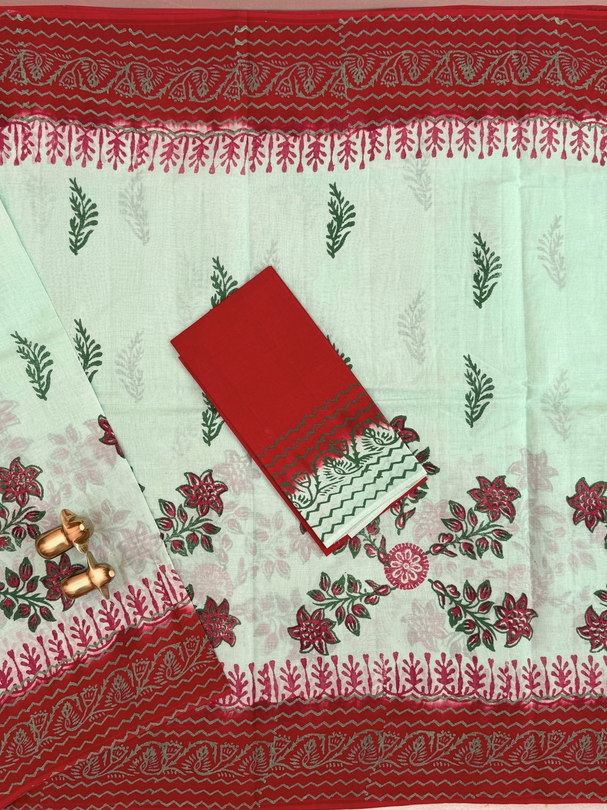 Pure Cotton with Hand Block Prints - Pista Green with Maroon