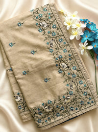 Premium Semi Tussar Zari Woven with Beautiful Emboridery Saree - Cream with Blue