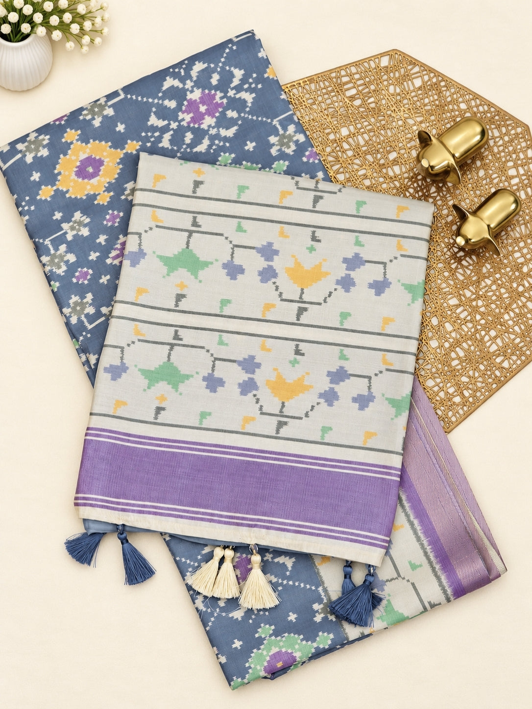 Patola Inspried Semi Tussar Saree  - Pastel Blue