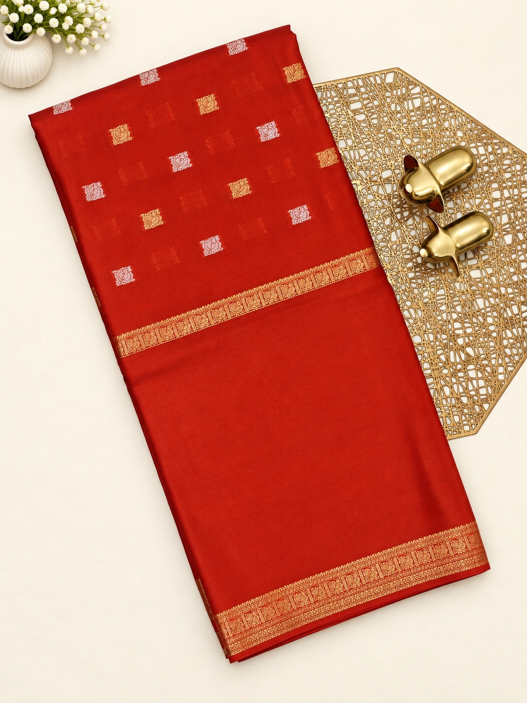 Semi Mysore Crepe Silk Saree - Rust Orange