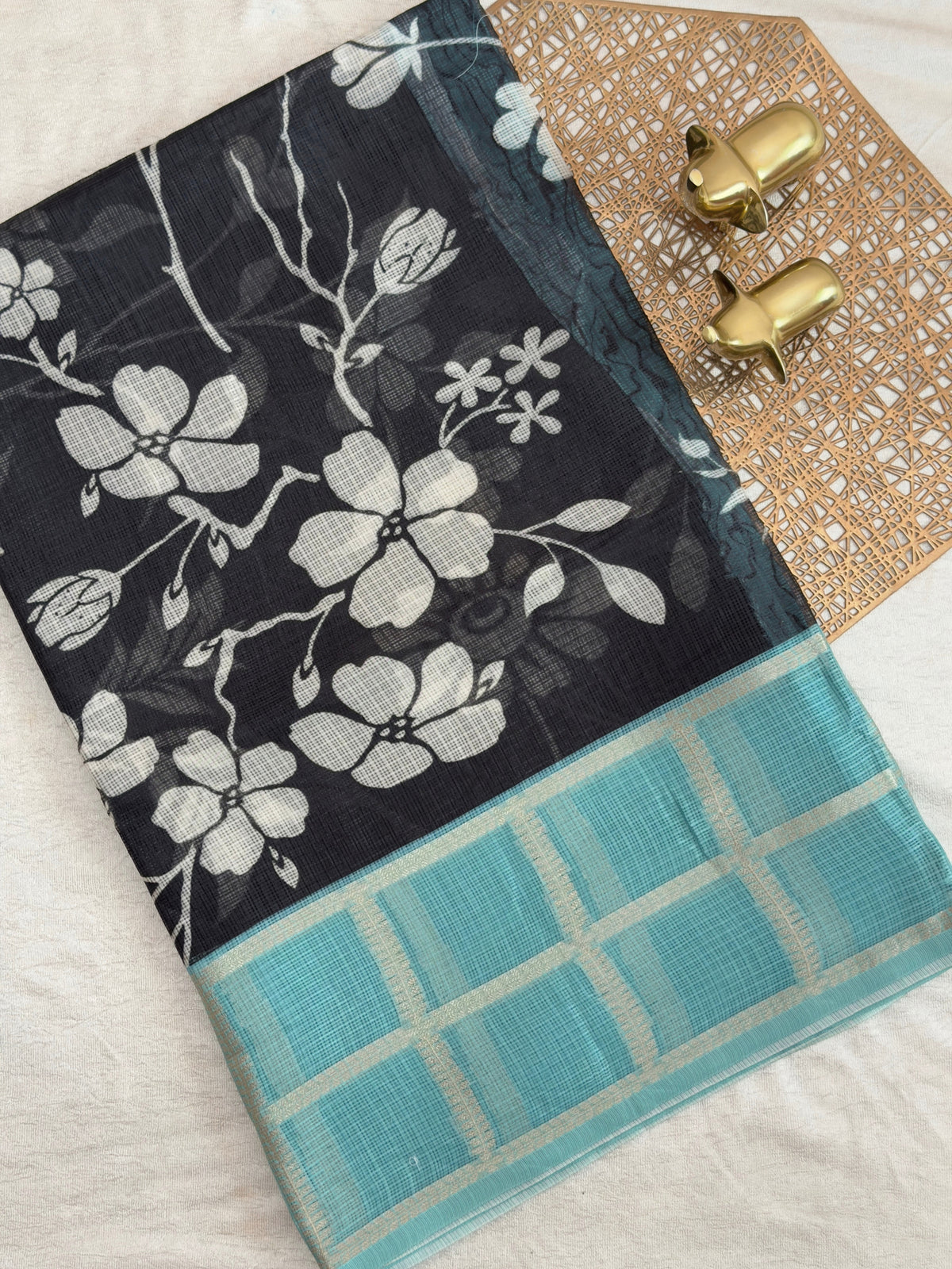 Premium Soft Semi Tussar Kota Weaving with Digital Prints - Black with Blue