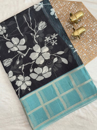 Premium Soft Semi Tussar Kota Weaving with Digital Prints - Black with Blue