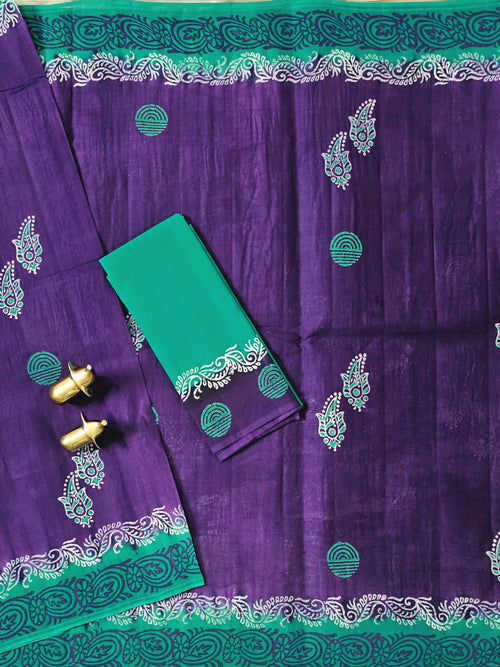 Pure Cotton with Hand Block Prints - Dark Purple with Sea Green