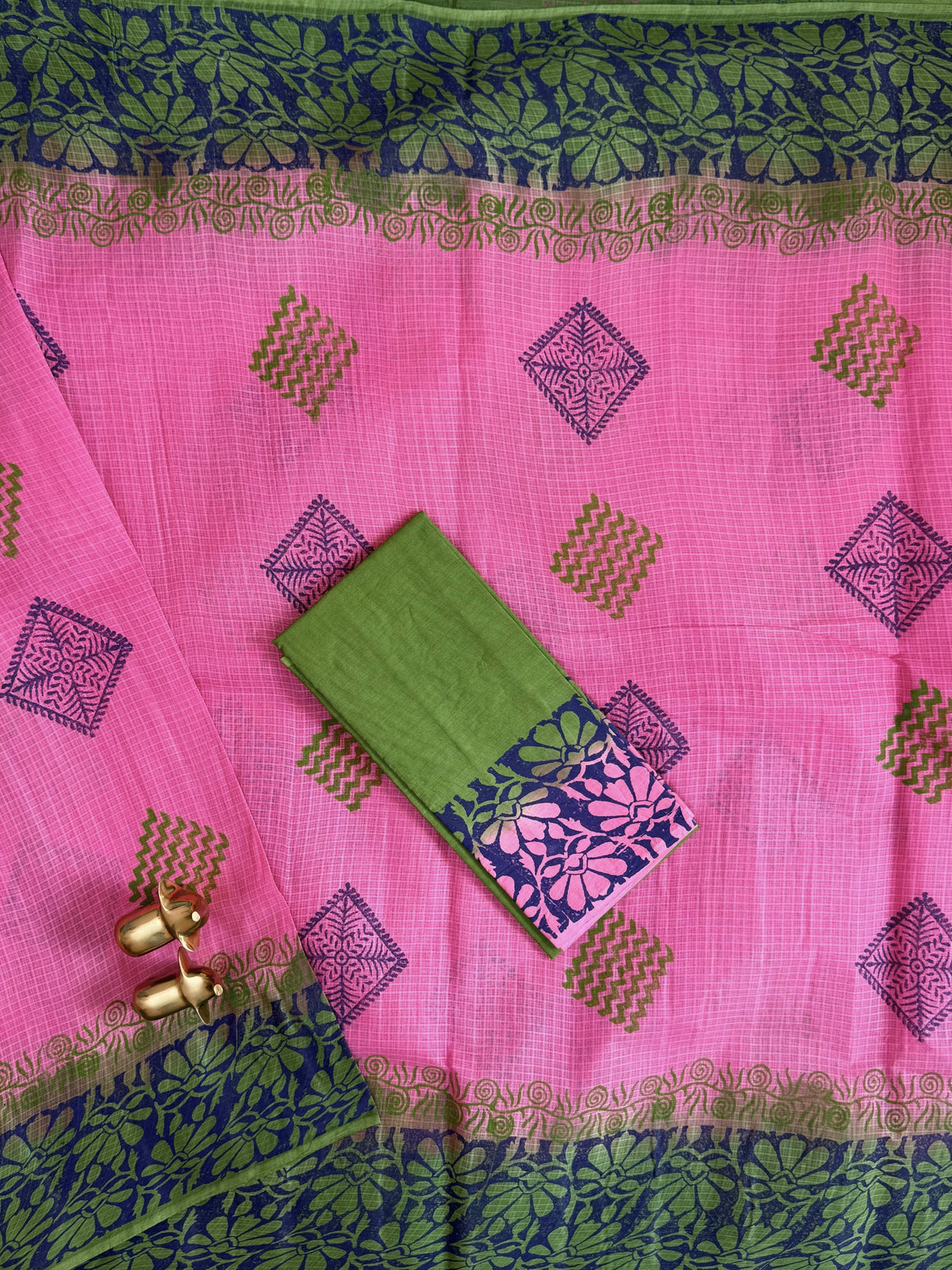 Pure Cotton with Checks Hand Block Prints - Pink with Green