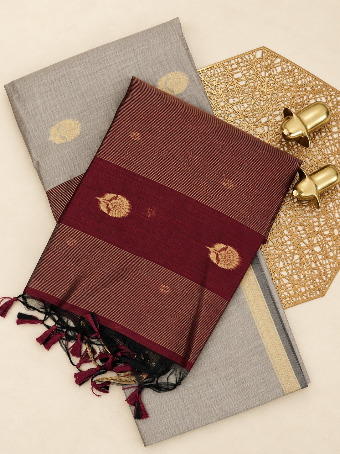 Semi Maheswari Silk Cotton Saree - Beige with Maroon