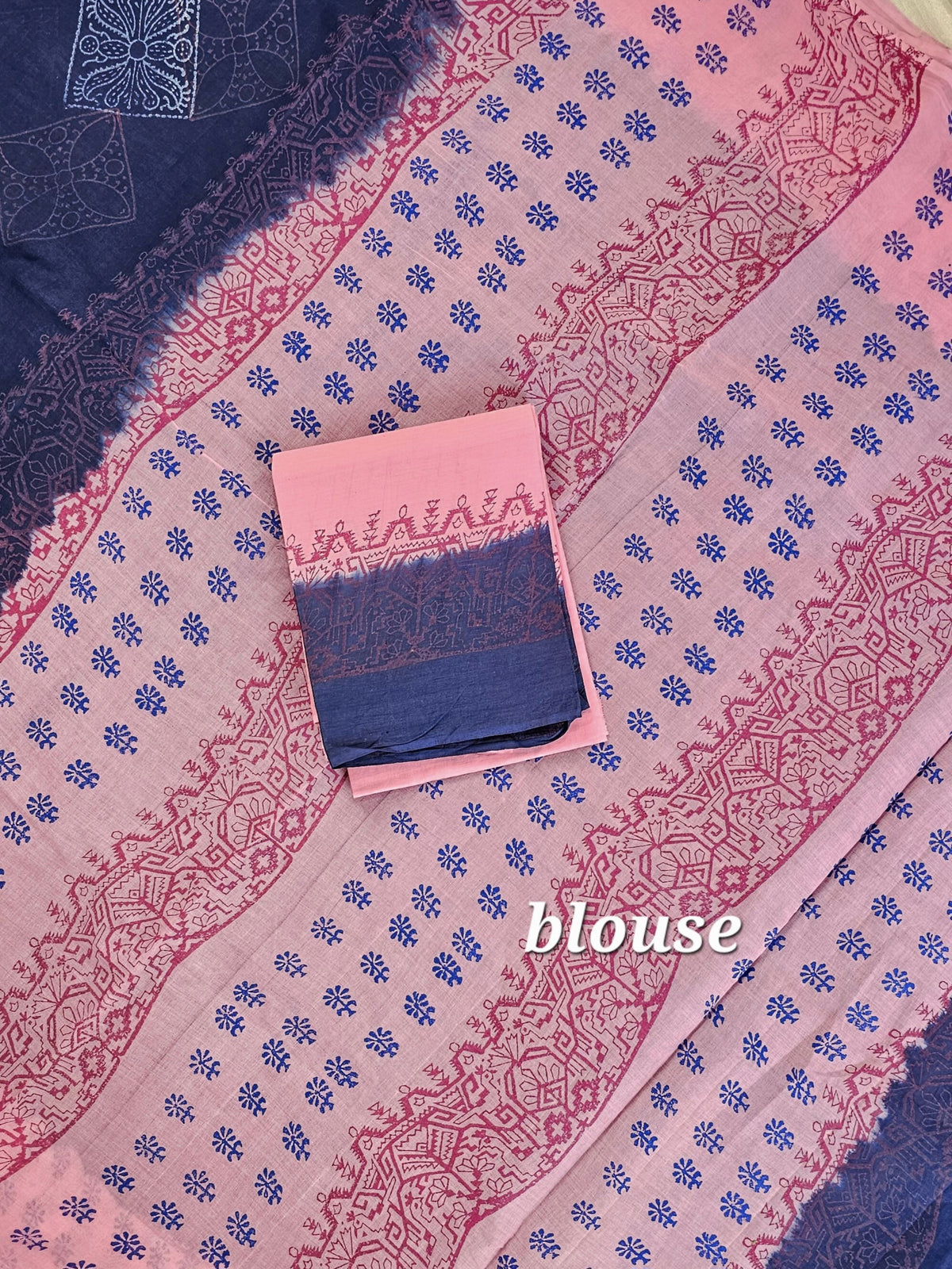 Pure Cotton with Hand Block Prints - Blue with Light Pink
