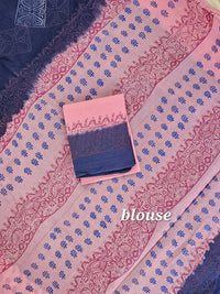 Pure Cotton with Hand Block Prints - Blue with Light Pink