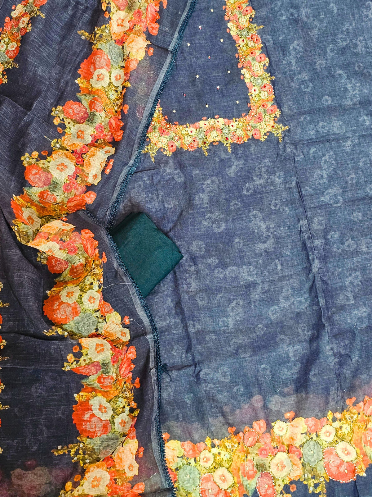 Semi Tussar Digital Prints Unstitched Salwar Suit  - Dark Peacock Blue