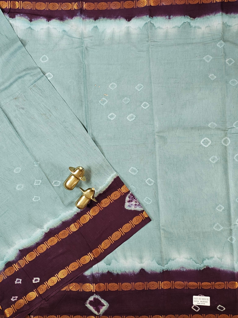 Madurai Sungadi Cotton Saree - Sage Green with Brown