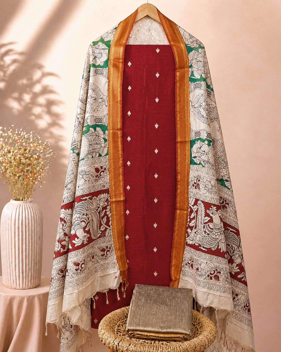 Raw Silk Unstitched Salwar Set – Maroon