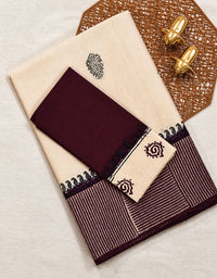 𝐏𝐫𝐞𝐛𝐨𝐨𝐤𝐢𝐧𝐠 𝐀𝐯𝐚𝐢𝐥𝐚𝐛𝐥𝐞 - 𝟐0 𝐝𝐚𝐲 𝐃𝐢𝐬𝐩𝐚𝐭𝐜𝐡 𝐓𝐢𝐦𝐞 Pure Cotton with Hand Block Prints - Beige with Dark Maroon