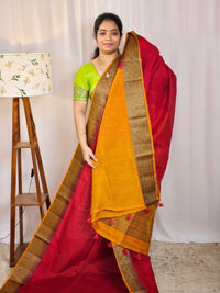 Jute Banarasi Saree - Red with Mustard Yellow