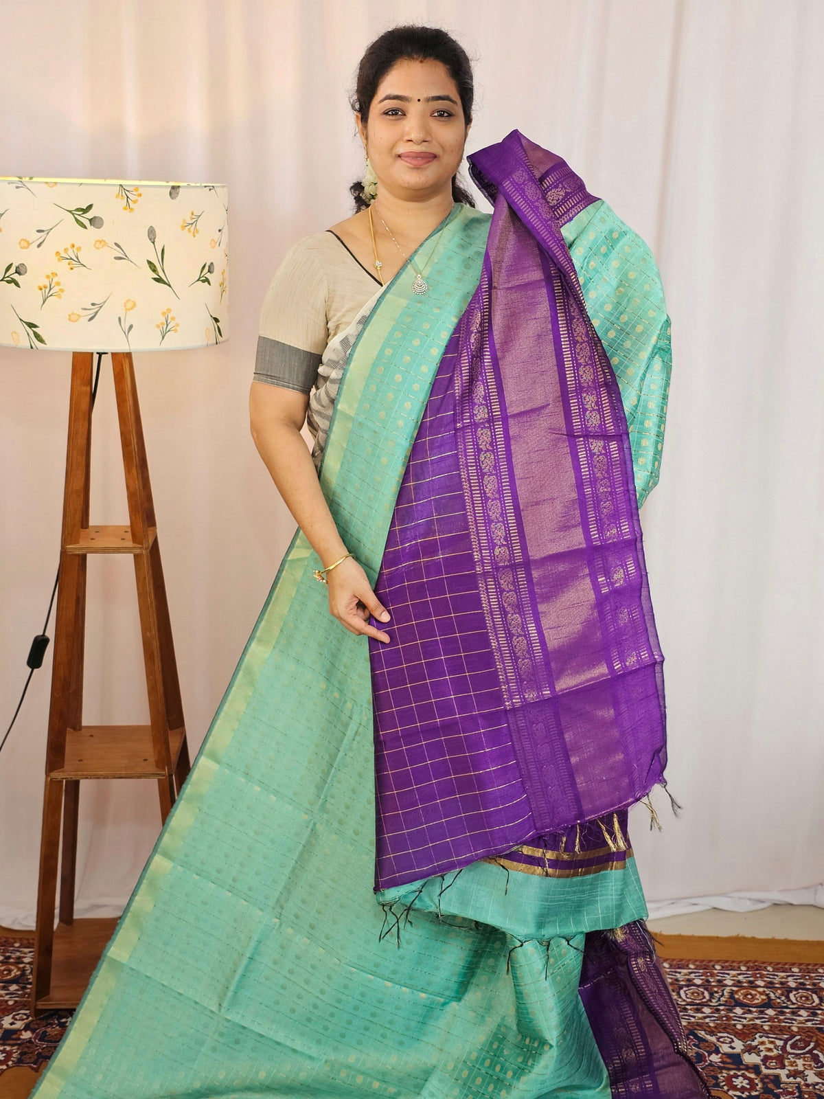 Semi Raw Silk Saree - Teal Green with Purple