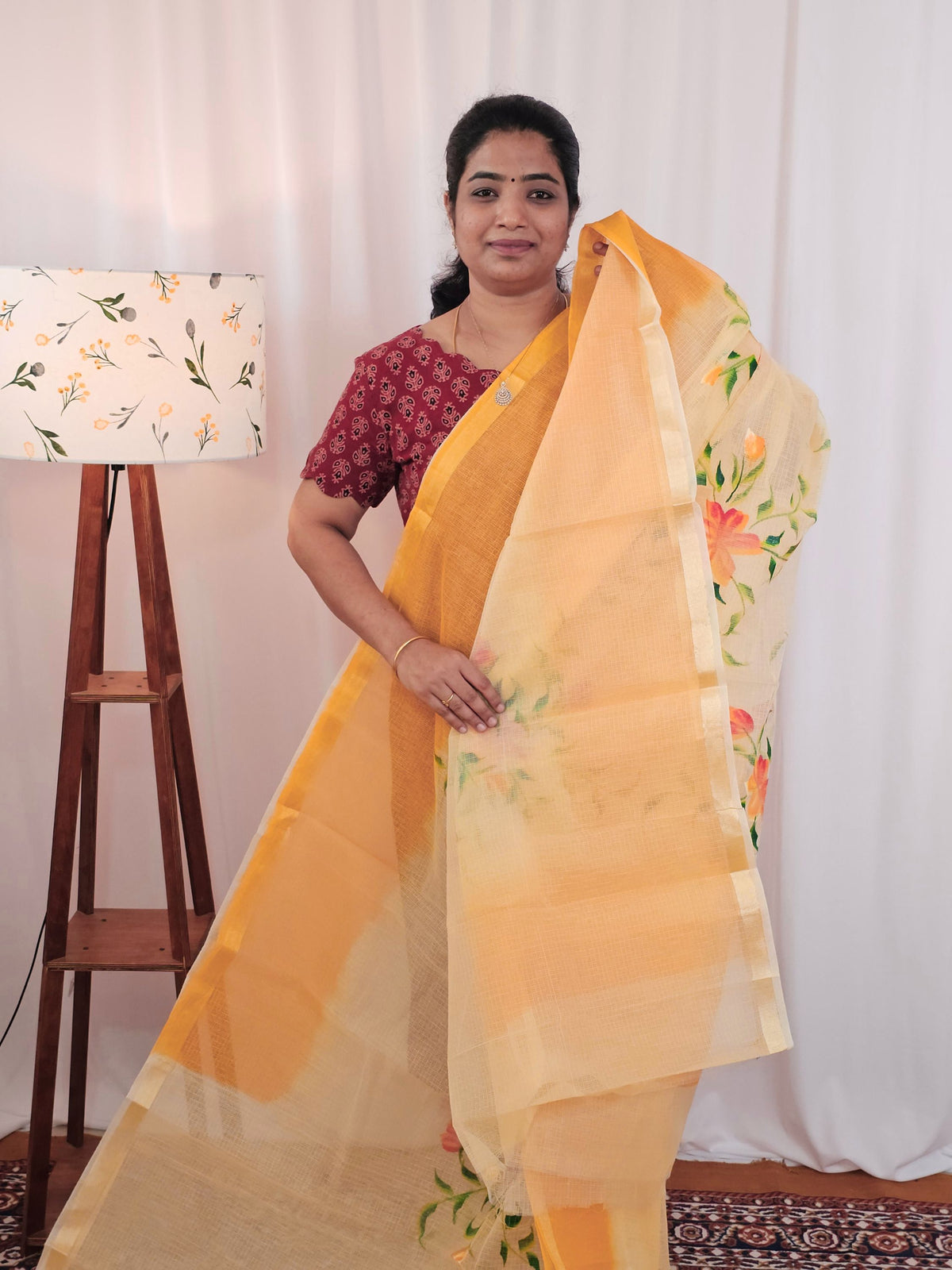 Semi Tussar Kota with Hand Painted Saree - Sandal with Orange