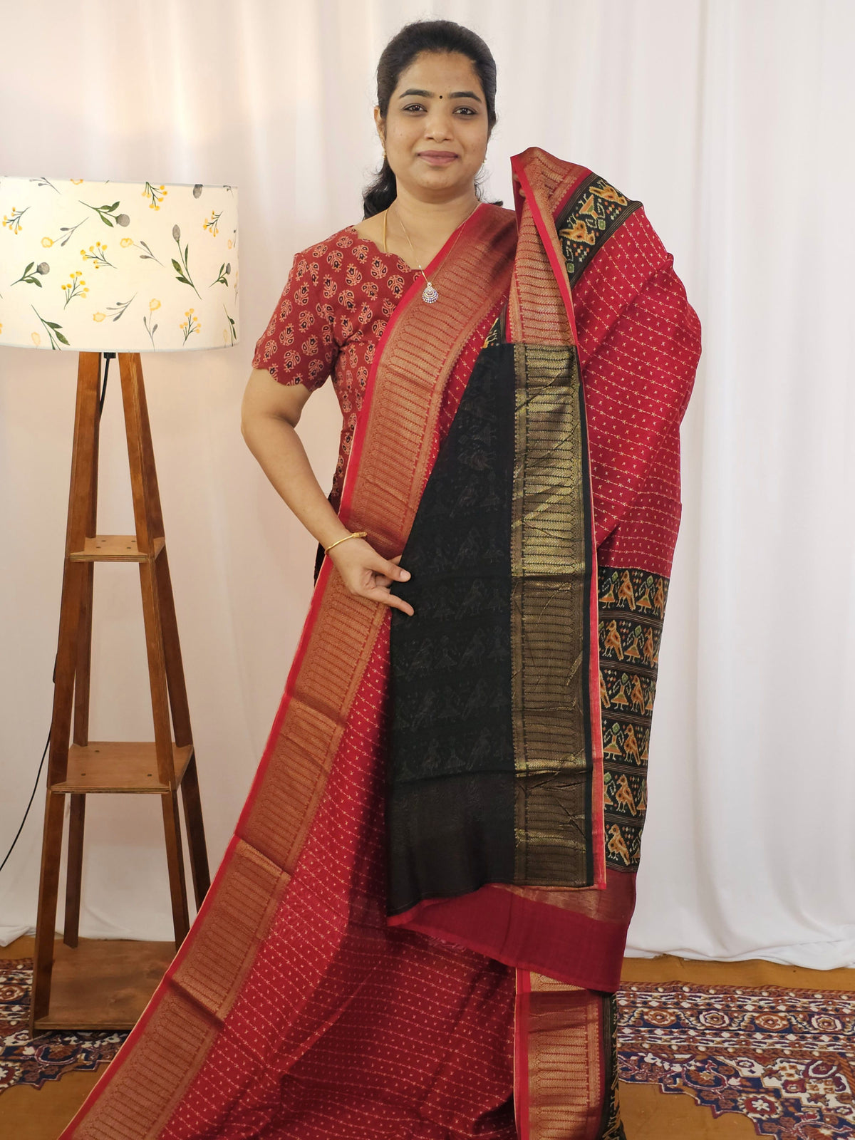 Pure Chanderi Butter Silk - Red with Black