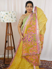 Handwoven Mangalagiri Pattu Saree with Digital Prints  - Yellow with Pink