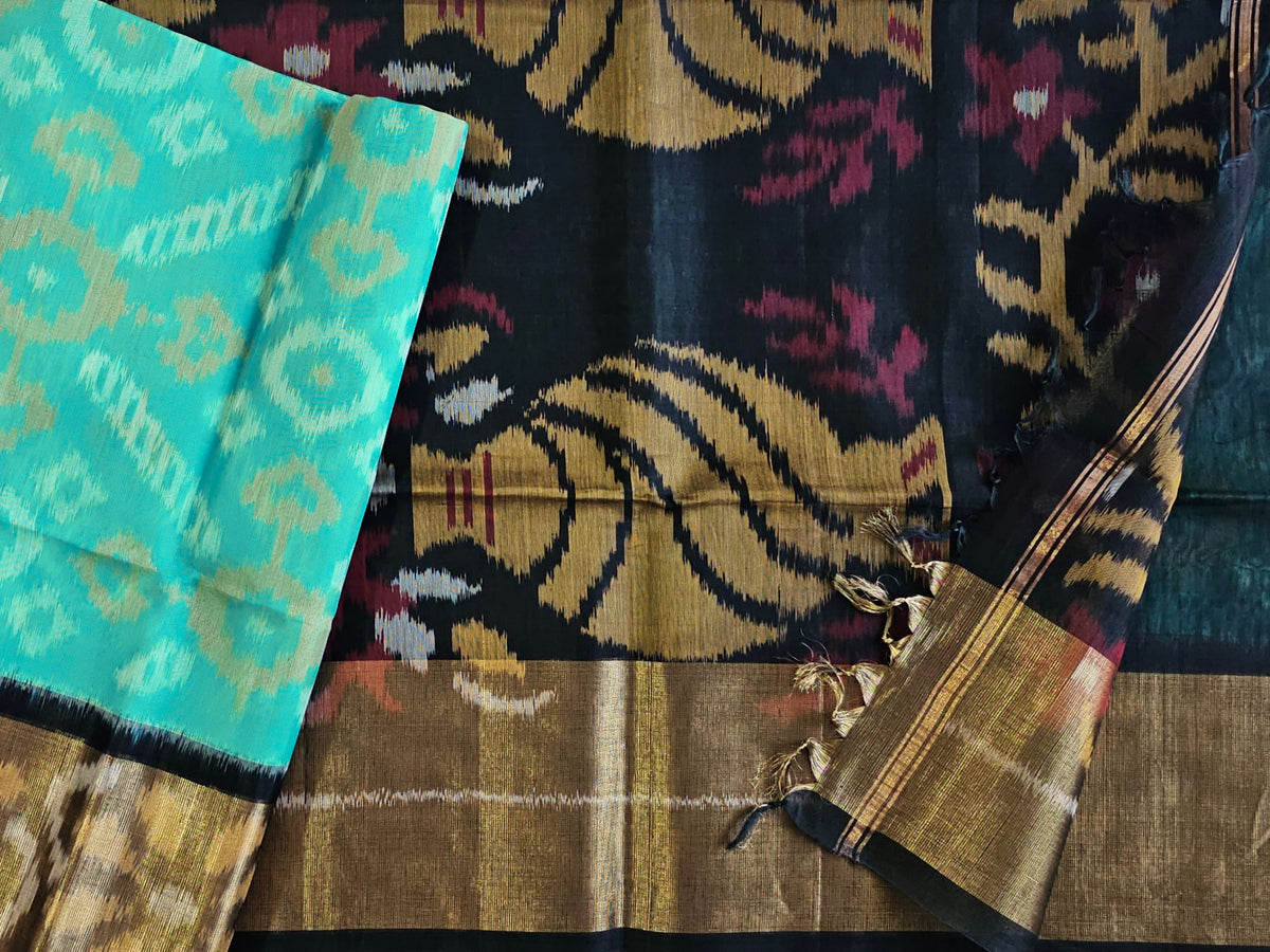 Blue with Black Pochampally Ikkat Silk Cotton (SICO Pattu)