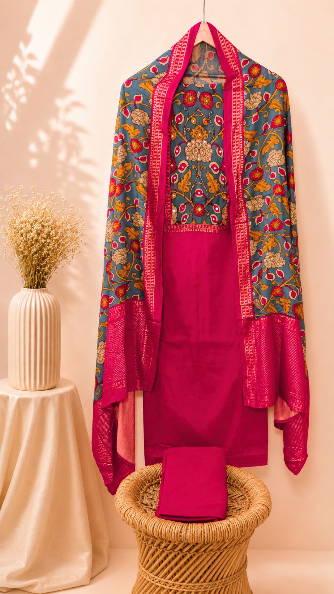 Soft Silk Cotton Unstitched Salwar  – Pink with Peacock Green