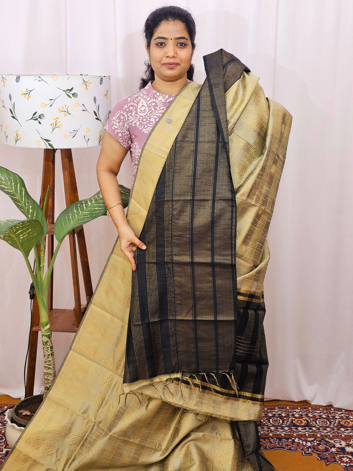 Semi Raw Silk Saree - Beige with Black