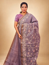 Linen Tissue with Aari Work - Smoky Blue- Lavender