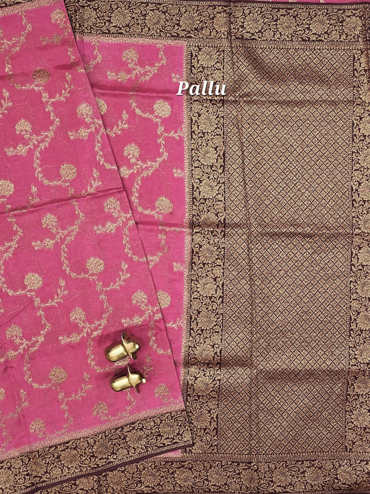 Jute Banarasi Silk Saree - Onion Pink with Brown