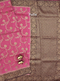 Jute Banarasi Silk Saree - Onion Pink with Brown