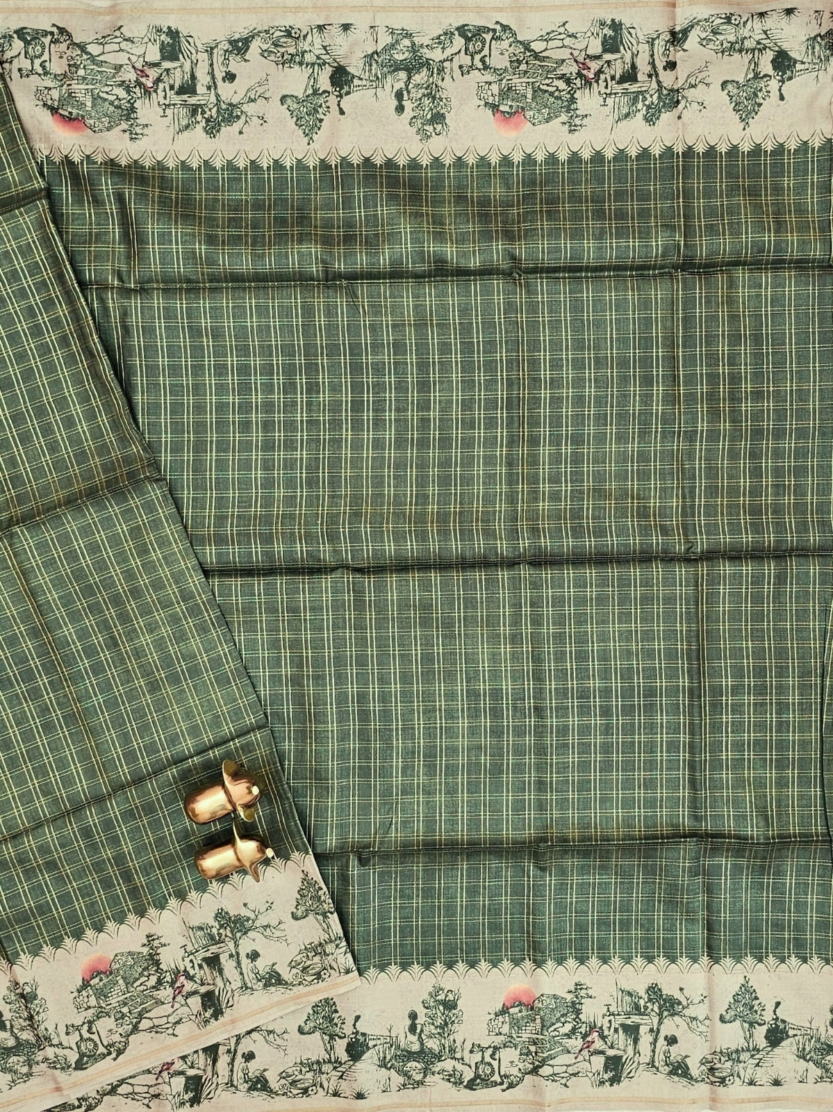 Soft Jute Tussar Checks Weaving with Border - Green