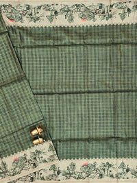 Soft Jute Tussar Checks Weaving with Border - Green
