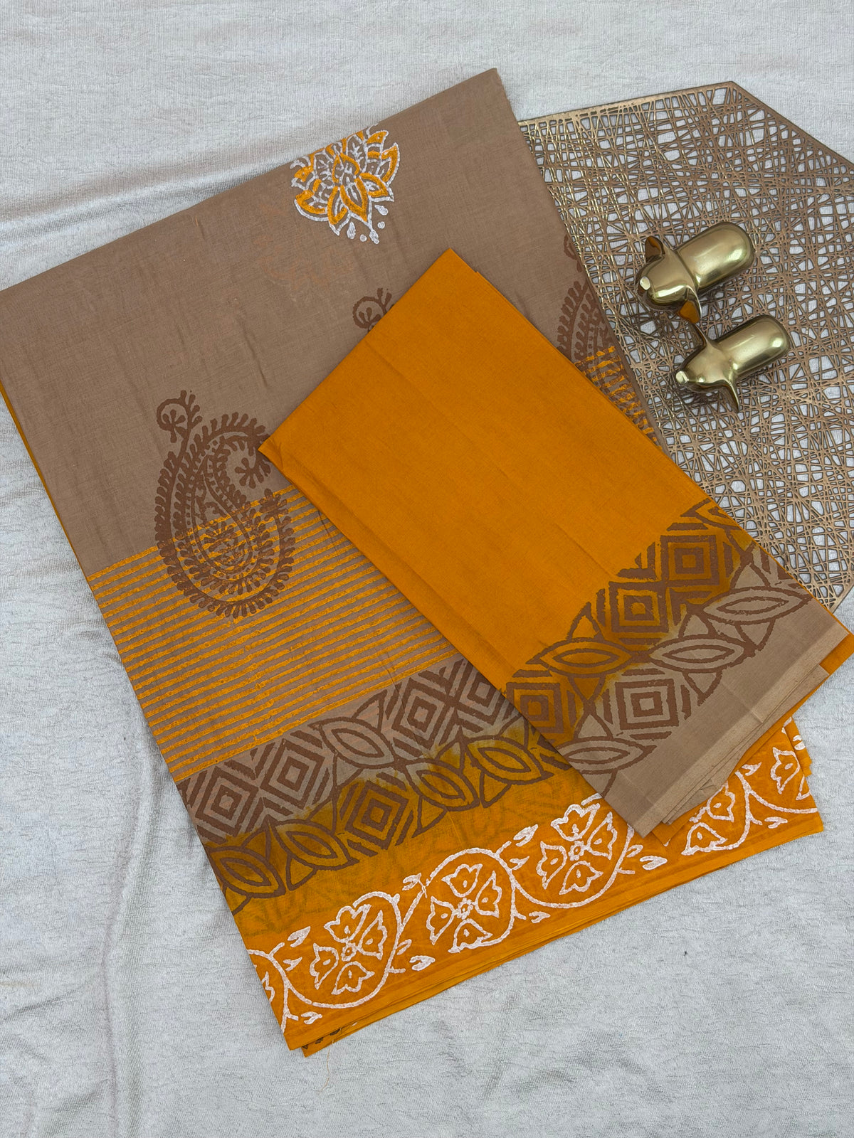 Pure Cotton with Hand Block Prints - Beige with Yellow
