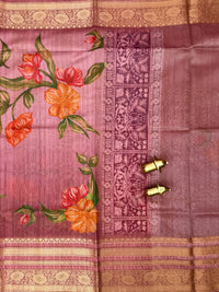 Unique Semi Tussar with Zari Border and Digital Prints - Onion Pink