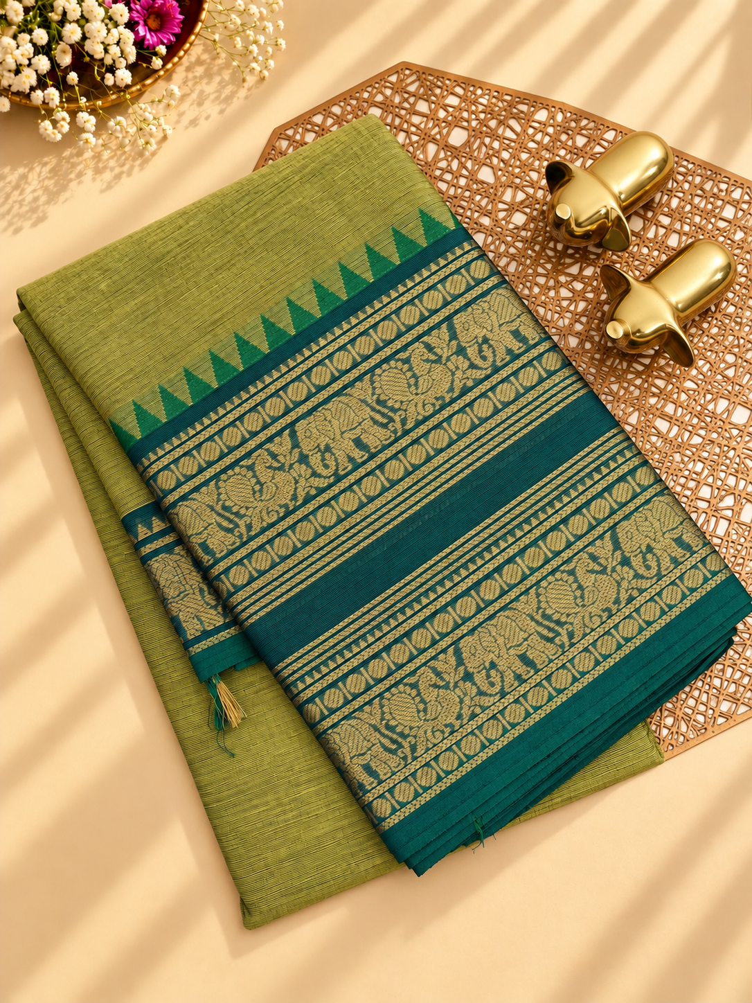 Chettinad Cotton Sarees - Light Green with Dark Green