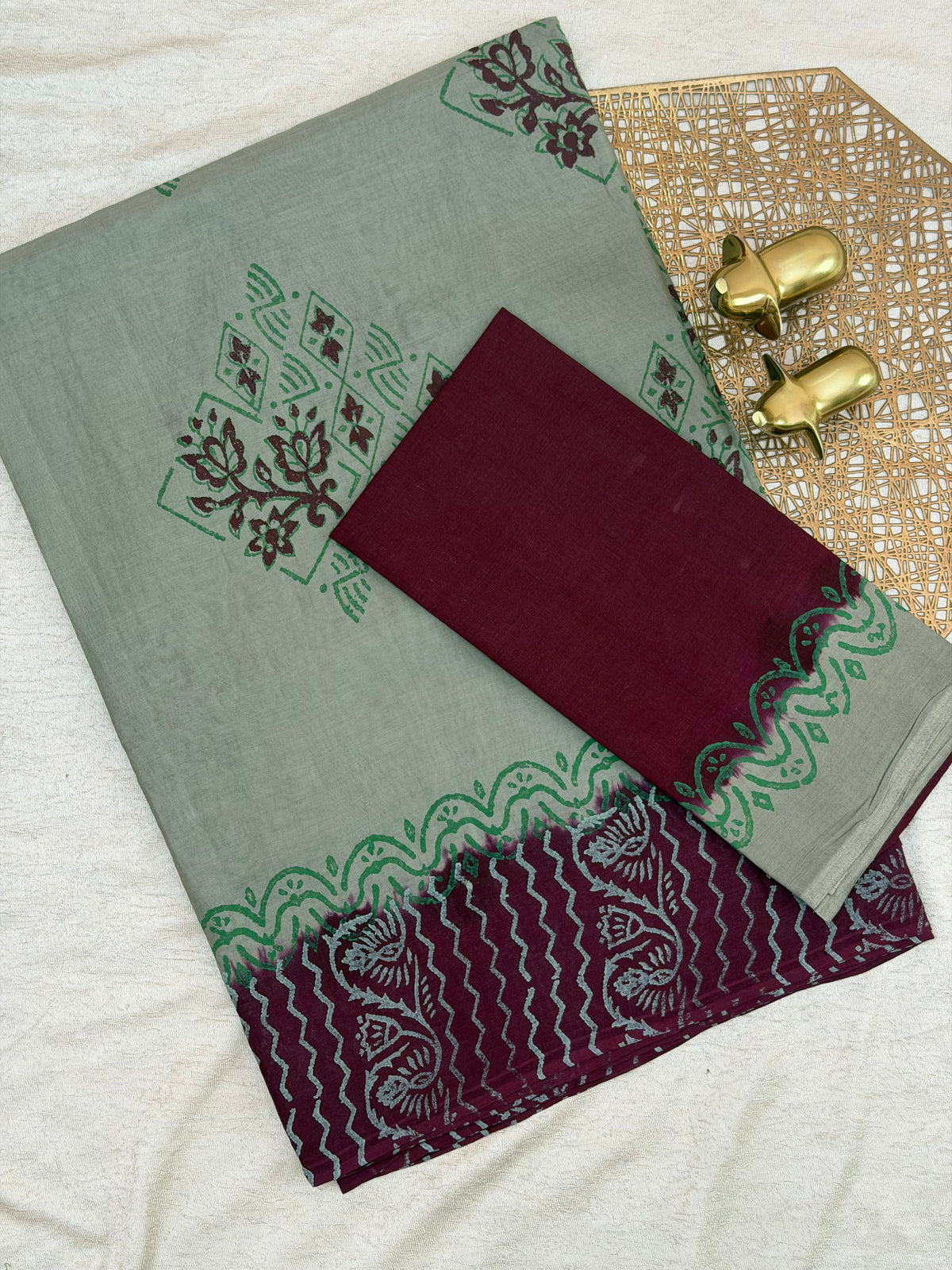 Pure Cotton with Hand Block Prints - Grey with Maroon