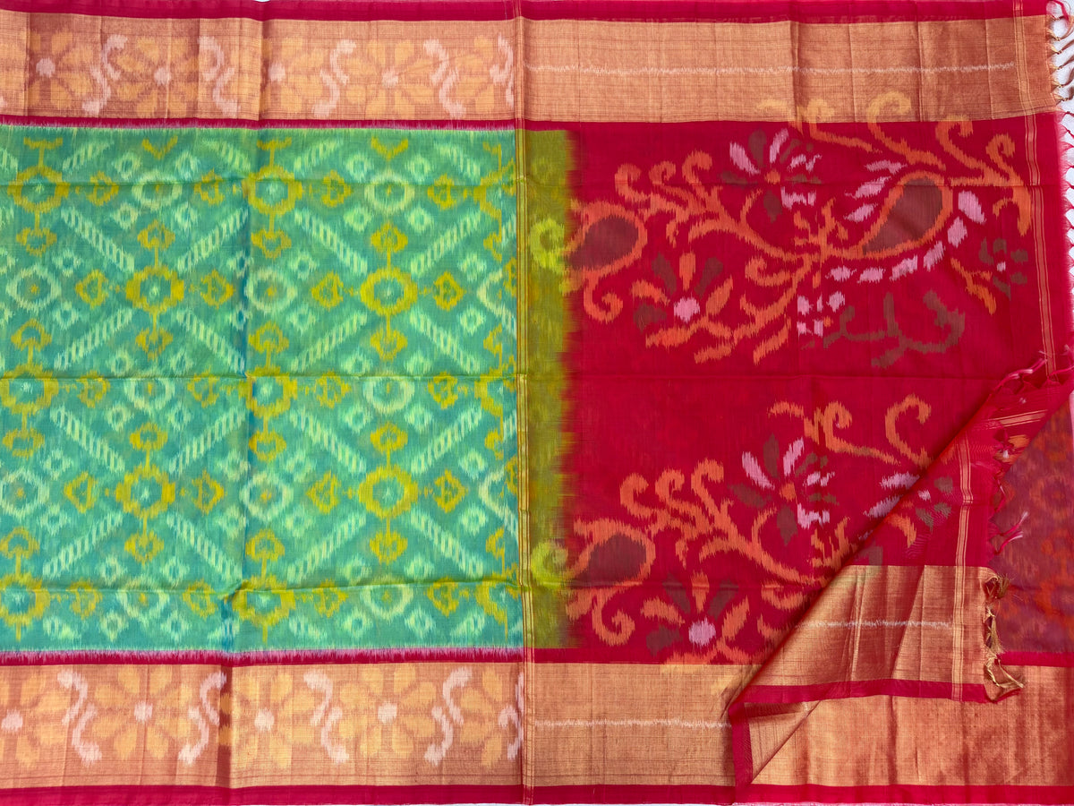 Sea Green with Red Pochampally Ikkat Silk Cotton (SICO Pattu)